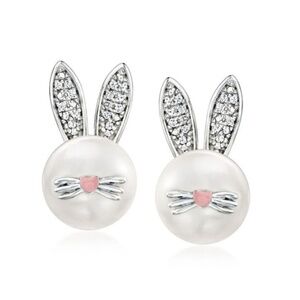 Ross-Simons Pearl Bunny Earrings, Diamond Accents, Pink Enamel, Sterling Silver